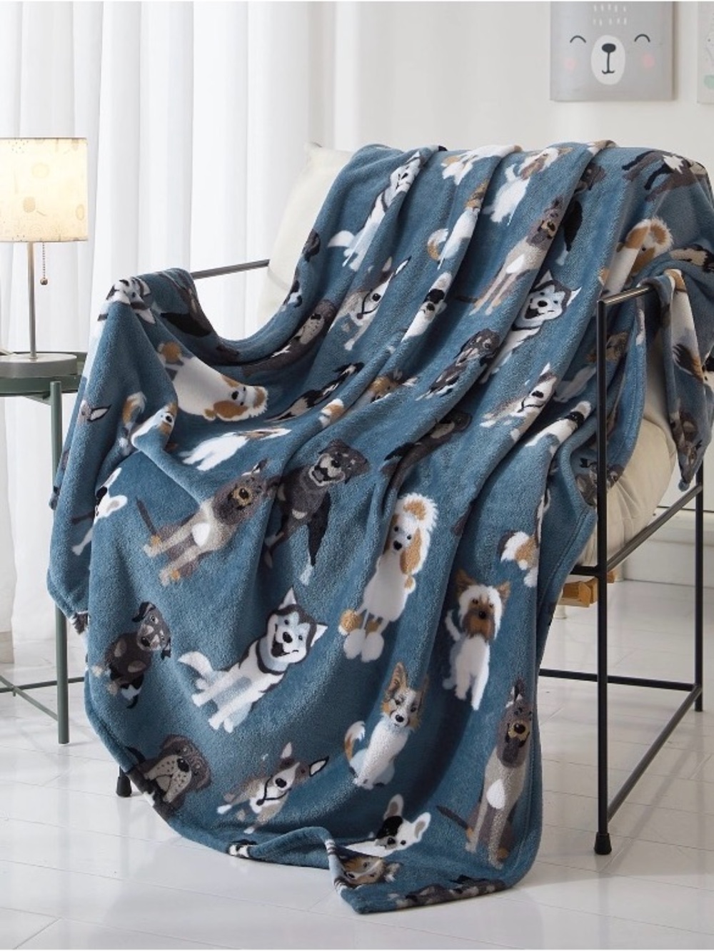 Cozy Dog Print Throw Blanket in Blue for Pets/People